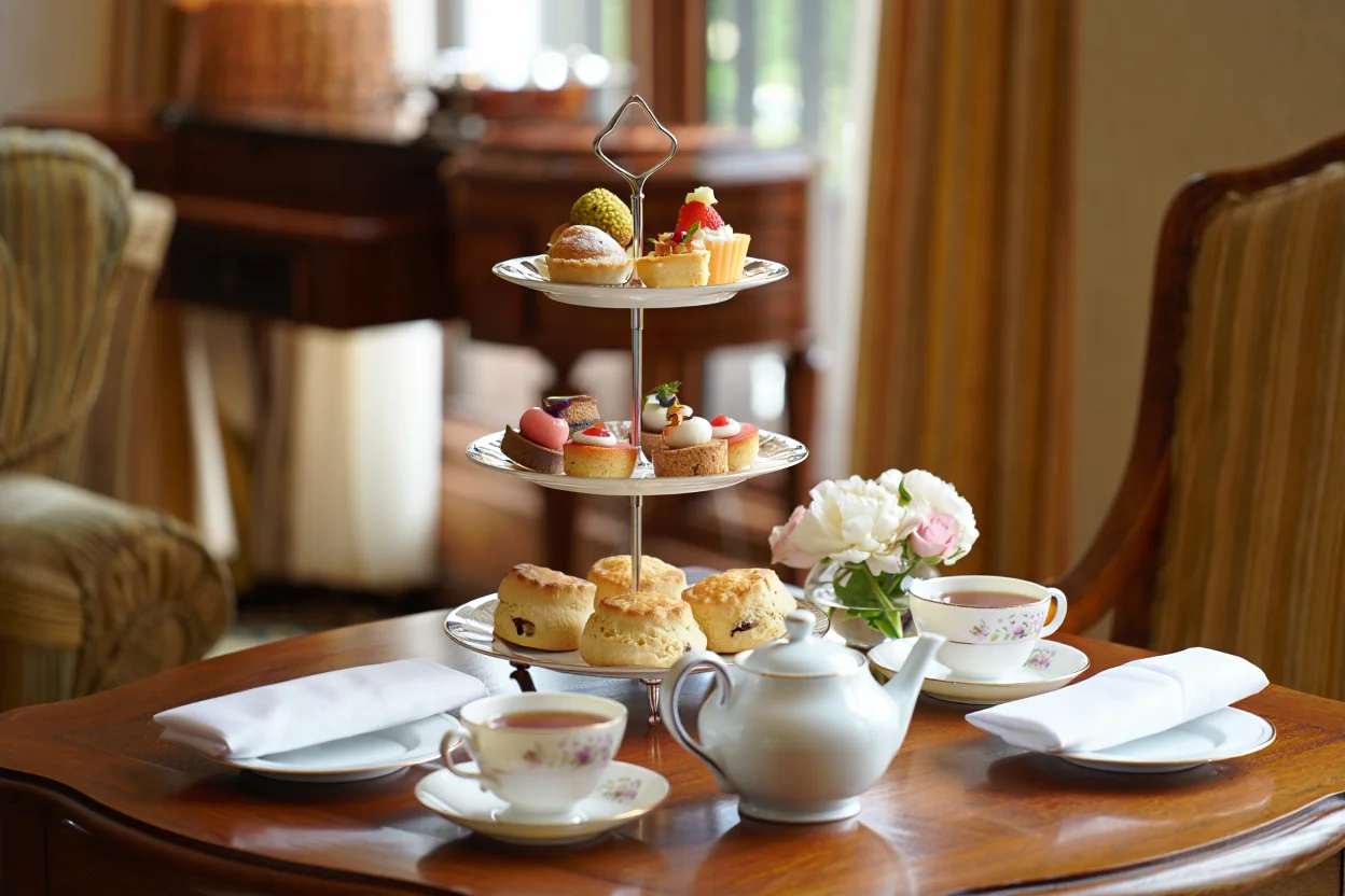 홈카페 테이블 세팅 - 티포트, 커피잔, 디저트, 꽃 장식