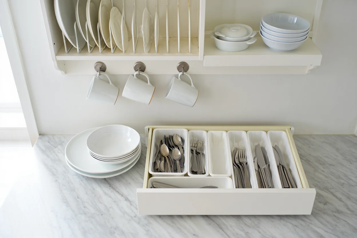 주방 공간별 그릇 수납 방법 - 접시꽂이, 컵걸이, 서랍 정리